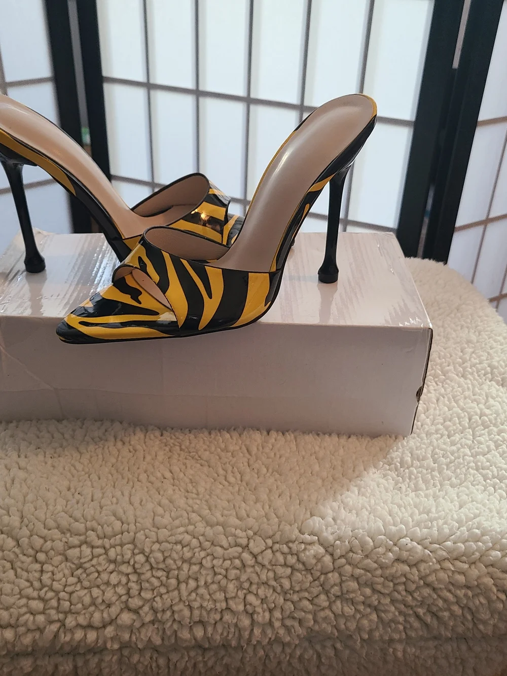 Yellow & Black Zebra-Print Pointed Toe Mule Heels